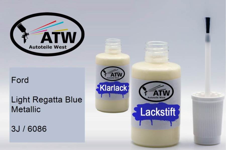 Ford, Light Regatta Blue Metallic, 3J / 6086: 20ml Lackstift + 20ml Klarlack - Set, von ATW Autoteile West.